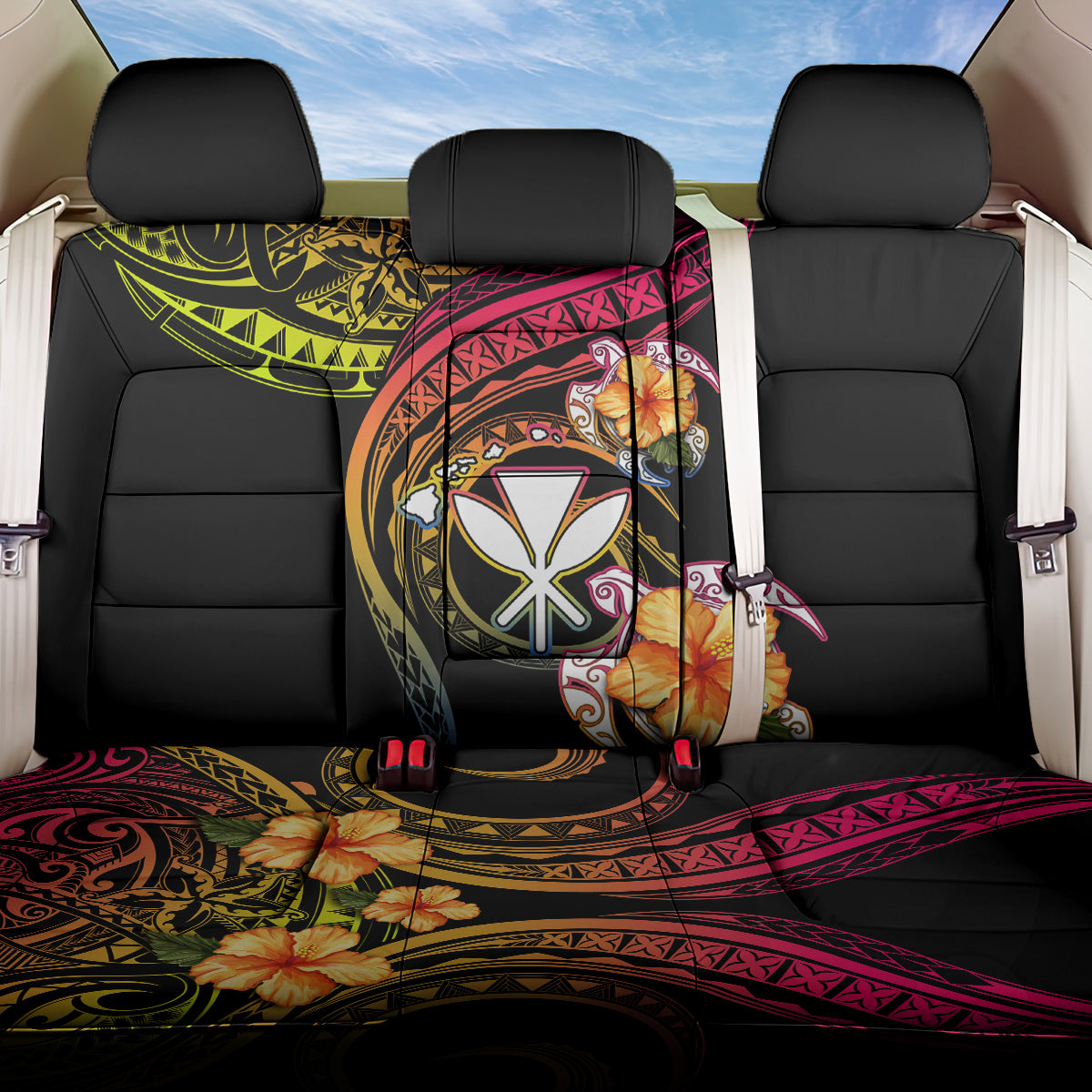 Polynesia Hawaii Turtle Day Back Car Seat Cover Hibiscus and Kanaka Maoli