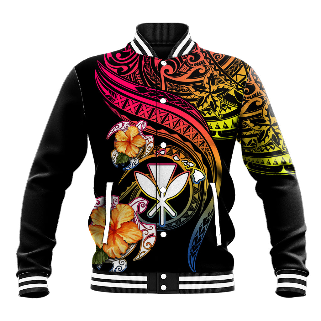 Polynesia Hawaii Turtle Day Baseball Jacket Hibiscus and Kanaka Maoli LT03 Unisex Black - Polynesian Pride