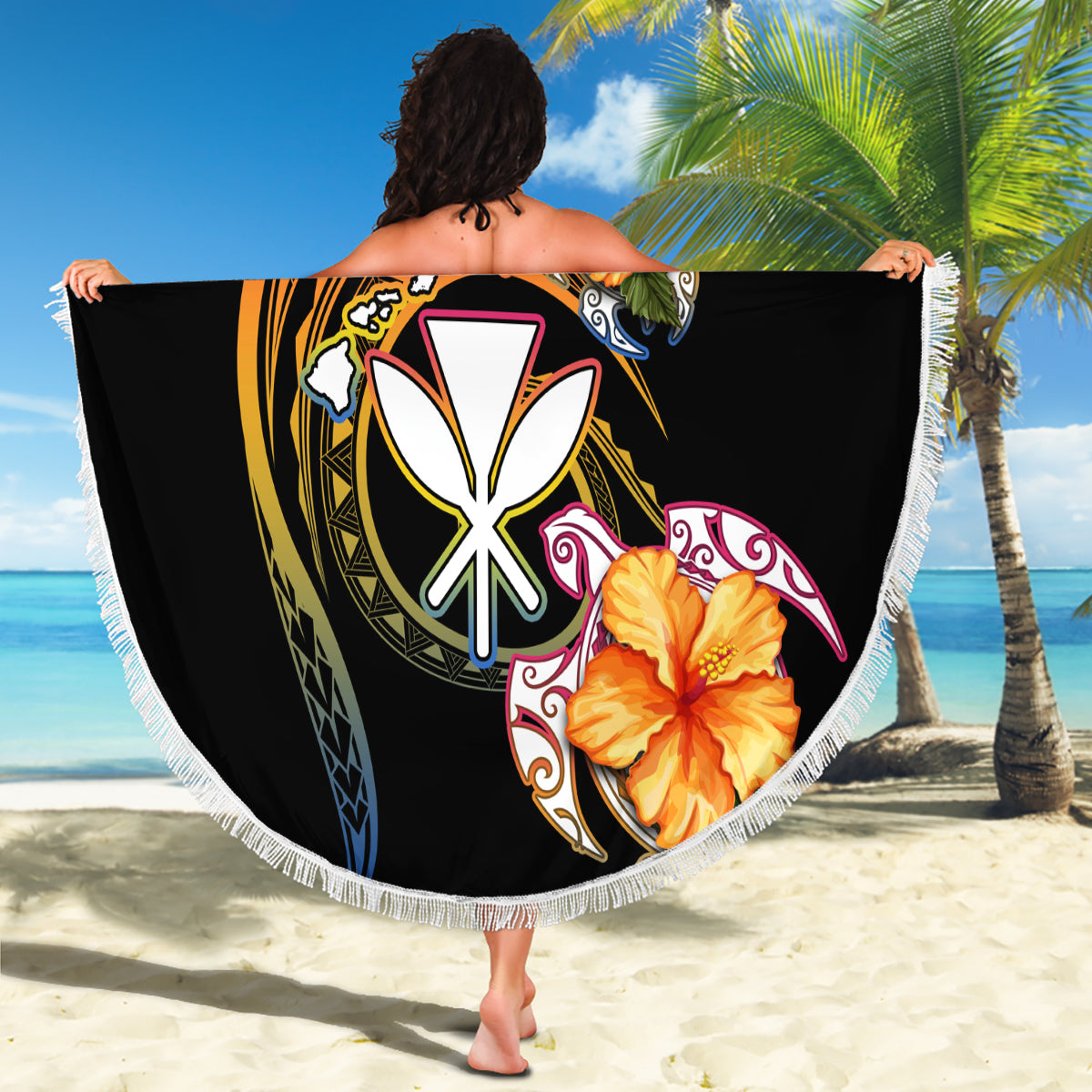 Polynesia Hawaii Turtle Day Beach Blanket Hibiscus and Kanaka Maoli