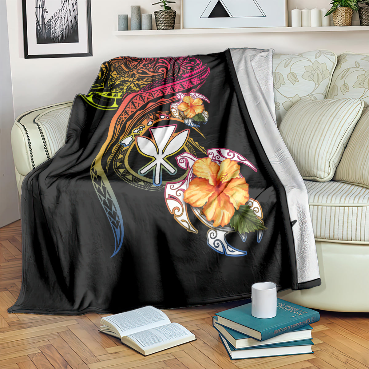Polynesia Hawaii Turtle Day Blanket Hibiscus and Kanaka Maoli LT03 Black - Polynesian Pride
