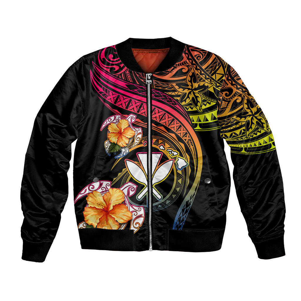 Polynesia Hawaii Turtle Day Bomber Jacket Hibiscus and Kanaka Maoli LT03 Unisex Black - Polynesian Pride