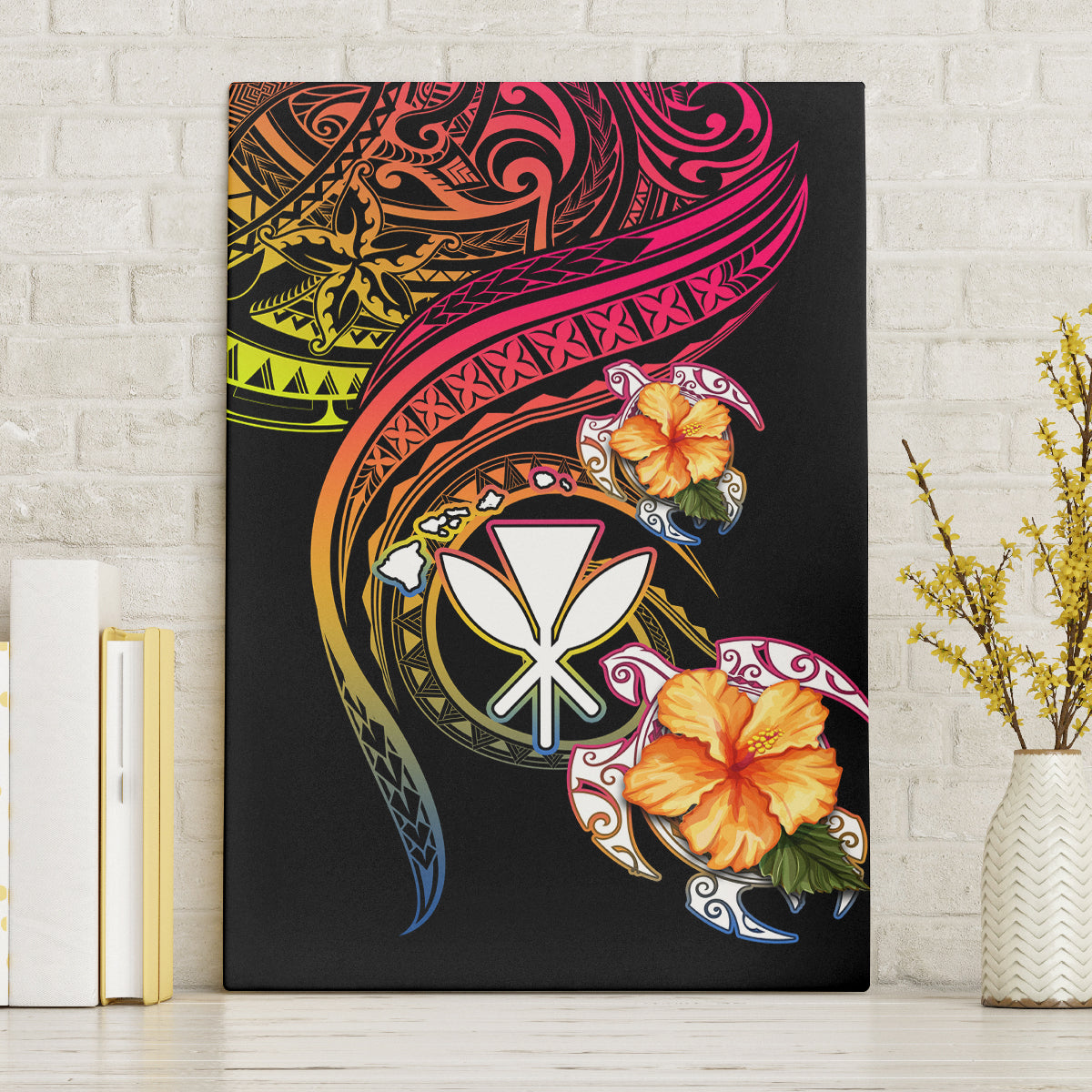 Polynesia Hawaii Turtle Day Canvas Wall Art Hibiscus and Kanaka Maoli