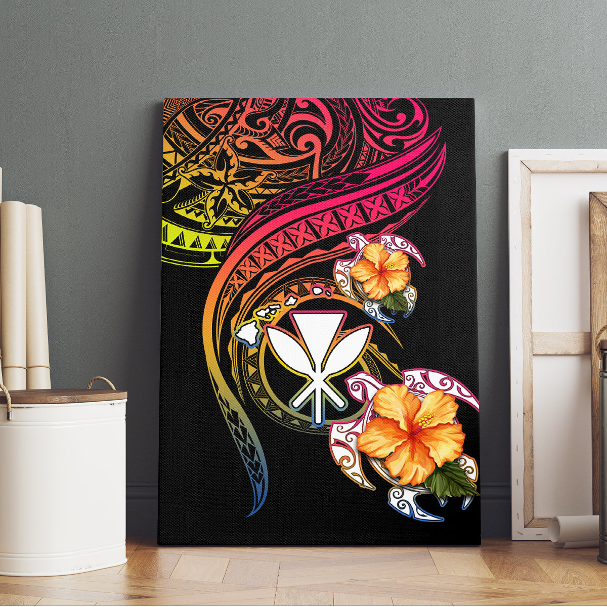 Polynesia Hawaii Turtle Day Canvas Wall Art Hibiscus and Kanaka Maoli