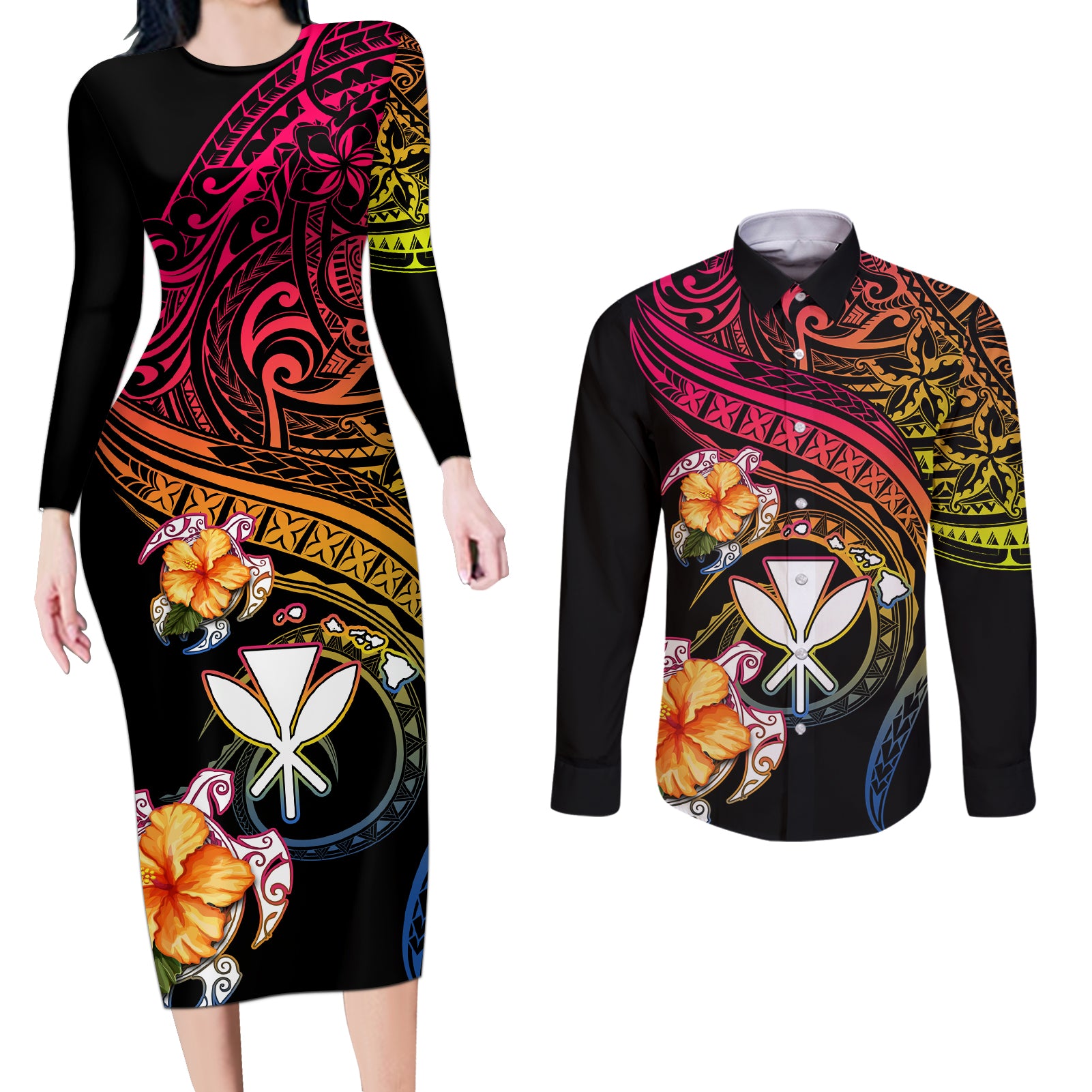 Polynesia Hawaii Turtle Day Couples Matching Long Sleeve Bodycon Dress and Long Sleeve Button Shirt Hibiscus and Kanaka Maoli