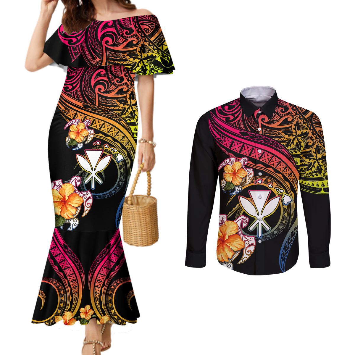 Polynesia Hawaii Turtle Day Couples Matching Mermaid Dress and Long Sleeve Button Shirt Hibiscus and Kanaka Maoli