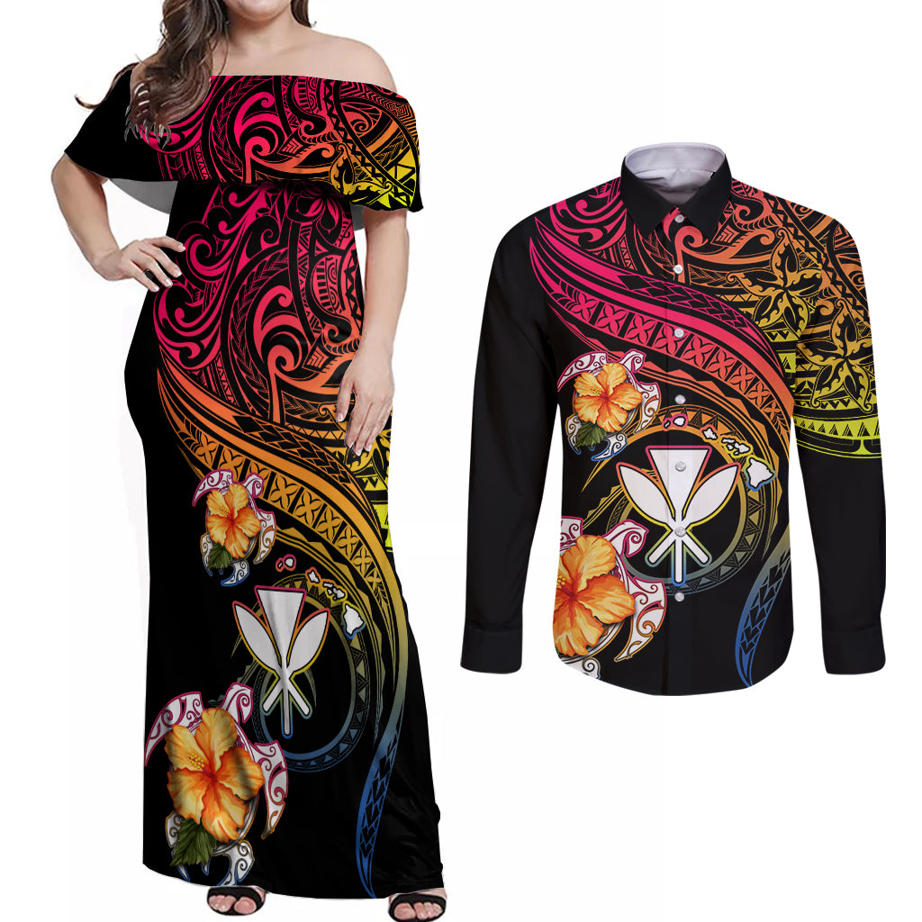 Polynesia Hawaii Turtle Day Couples Matching Off Shoulder Maxi Dress and Long Sleeve Button Shirt Hibiscus and Kanaka Maoli LT03 Black - Polynesian Pride