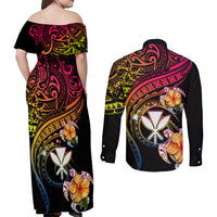 Polynesia Hawaii Turtle Day Couples Matching Off Shoulder Maxi Dress and Long Sleeve Button Shirt Hibiscus and Kanaka Maoli