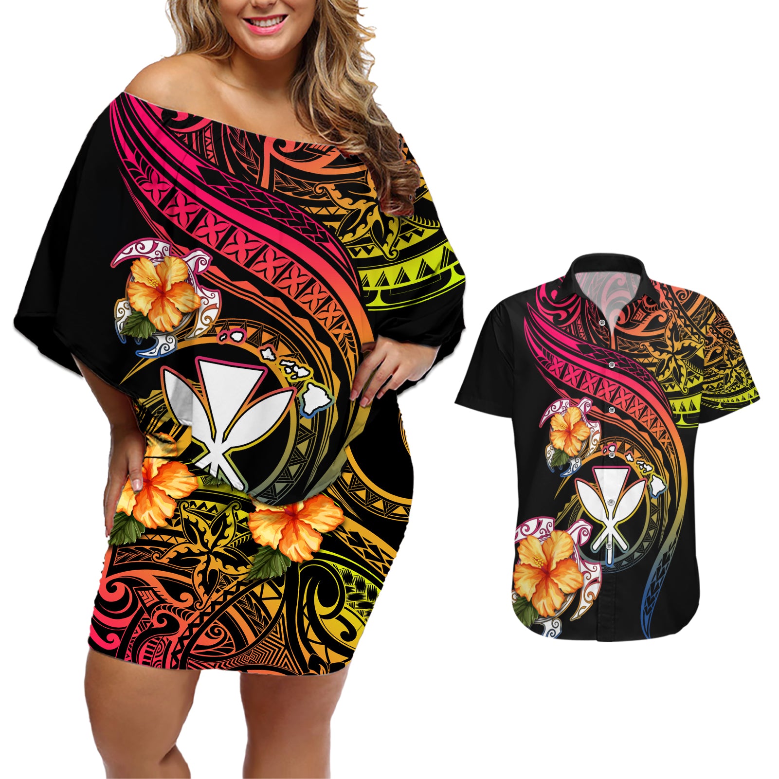 Polynesia Hawaii Turtle Day Couples Matching Off Shoulder Short Dress and Hawaiian Shirt Hibiscus and Kanaka Maoli