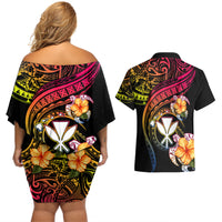 Polynesia Hawaii Turtle Day Couples Matching Off Shoulder Short Dress and Hawaiian Shirt Hibiscus and Kanaka Maoli