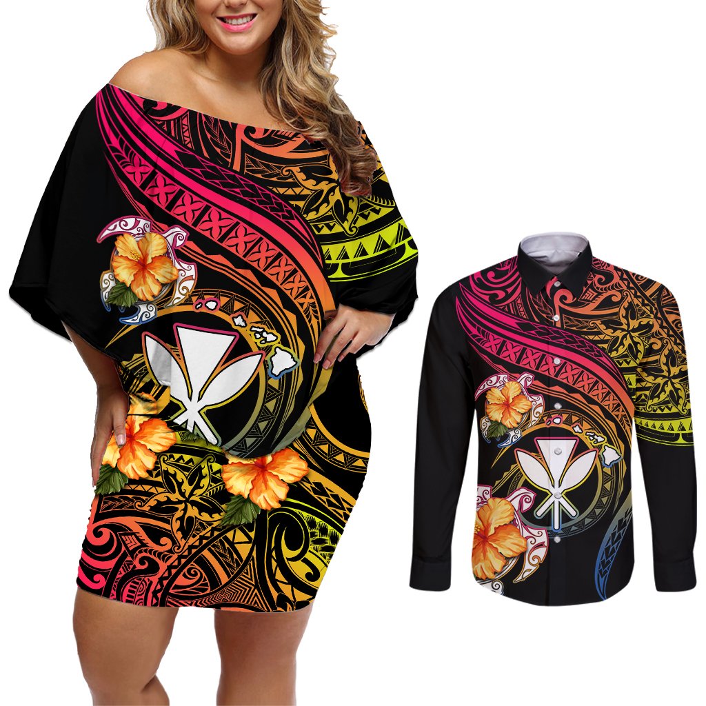 Polynesia Hawaii Turtle Day Couples Matching Off Shoulder Short Dress and Long Sleeve Button Shirt Hibiscus and Kanaka Maoli LT03 Black - Polynesian Pride