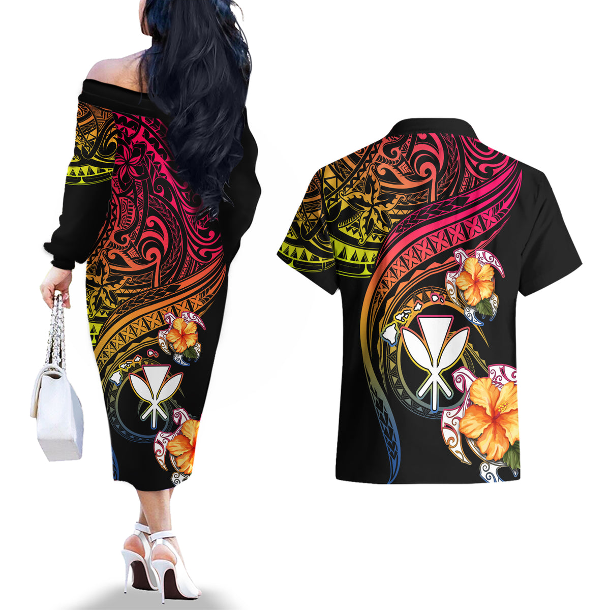 Polynesia Hawaii Turtle Day Couples Matching Off The Shoulder Long Sleeve Dress and Hawaiian Shirt Hibiscus and Kanaka Maoli