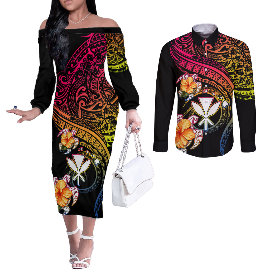 Polynesia Hawaii Turtle Day Couples Matching Off The Shoulder Long Sleeve Dress and Long Sleeve Button Shirt Hibiscus and Kanaka Maoli