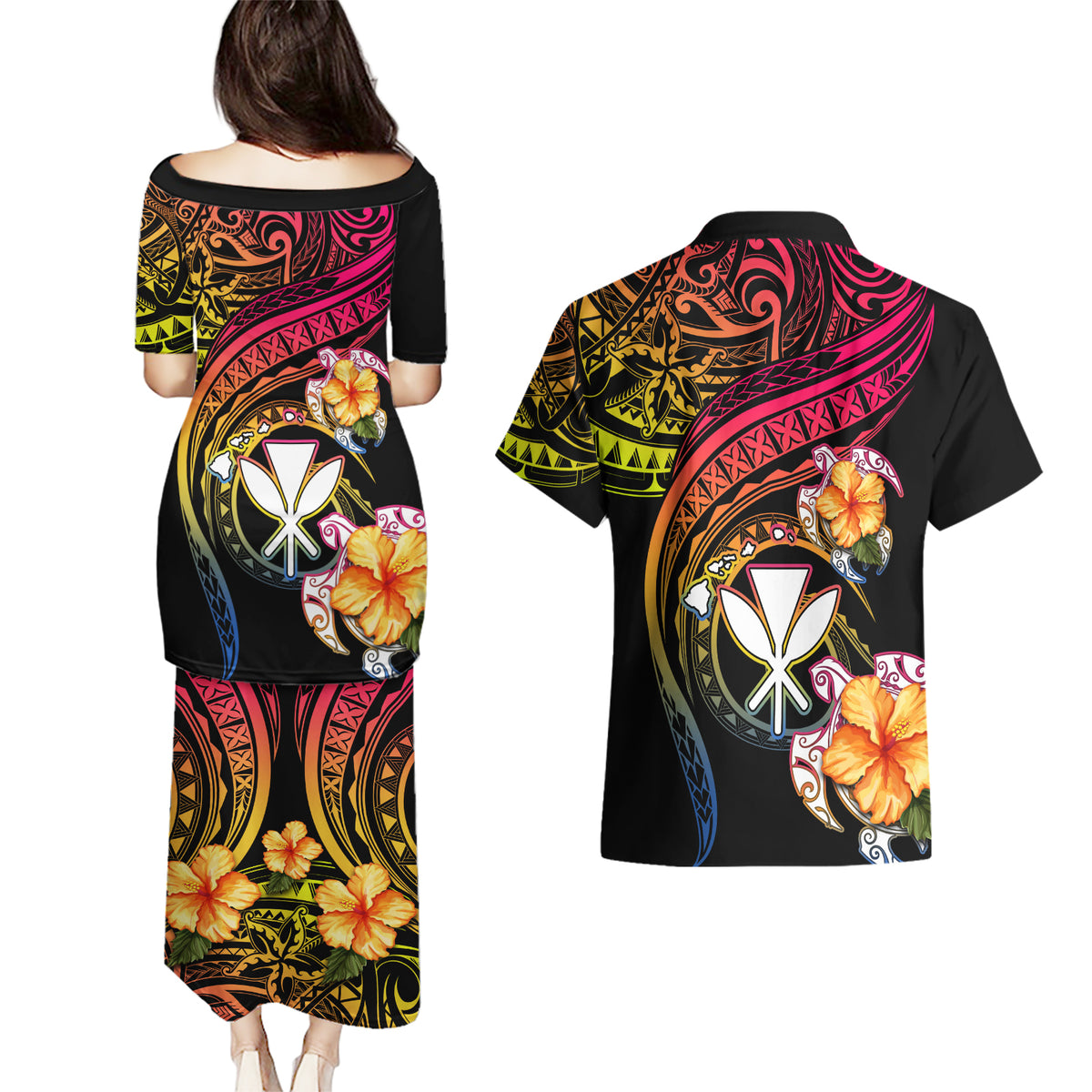 Polynesia Hawaii Turtle Day Couples Matching Puletasi and Hawaiian Shirt Hibiscus and Kanaka Maoli