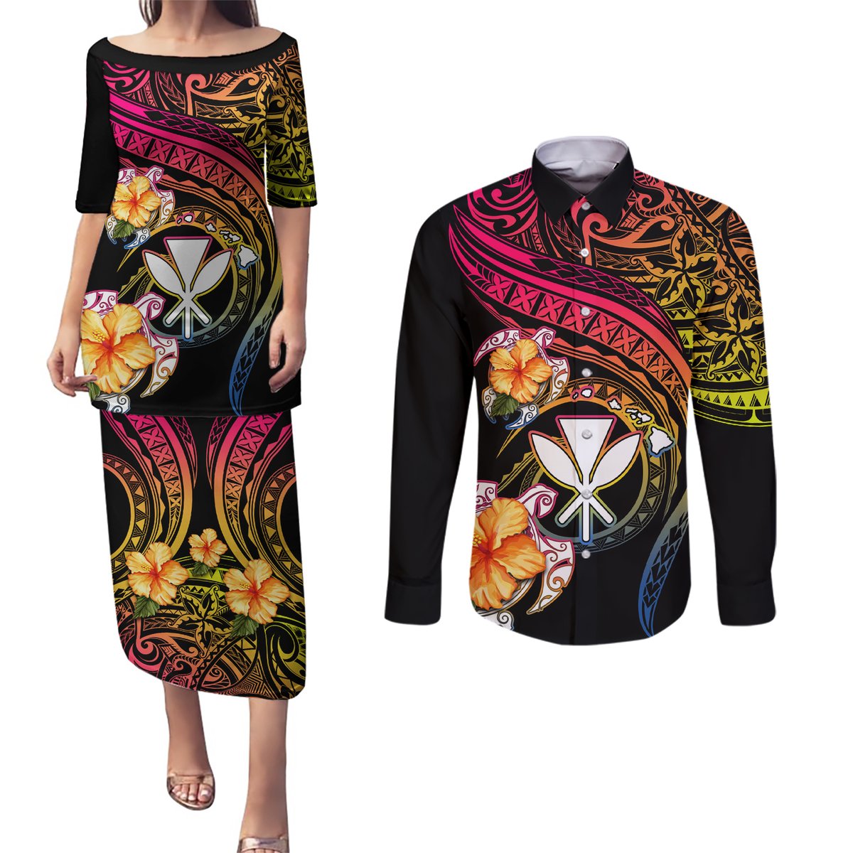 Polynesia Hawaii Turtle Day Couples Matching Puletasi and Long Sleeve Button Shirt Hibiscus and Kanaka Maoli LT03 Black - Polynesian Pride
