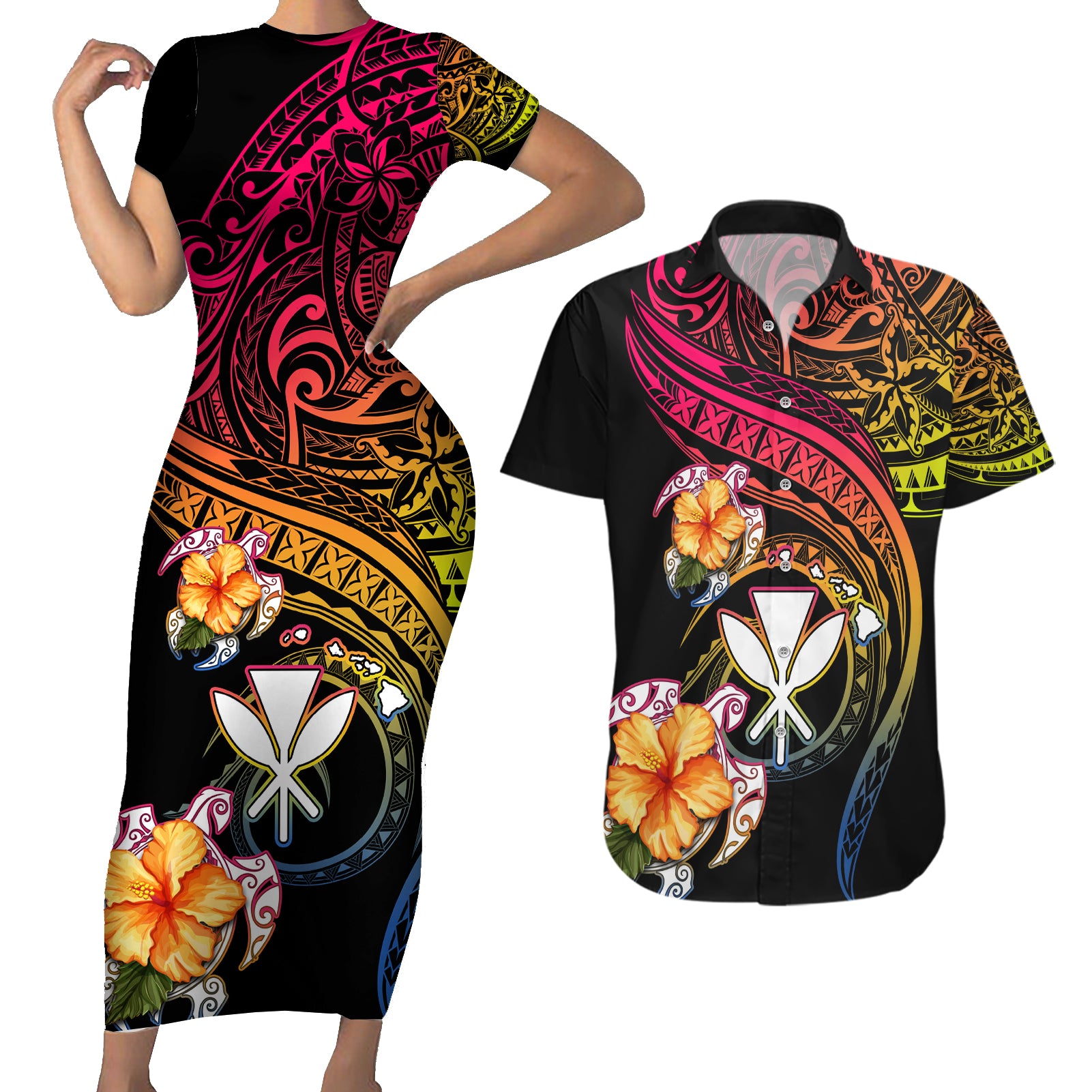 Polynesia Hawaii Turtle Day Couples Matching Short Sleeve Bodycon Dress and Hawaiian Shirt Hibiscus and Kanaka Maoli