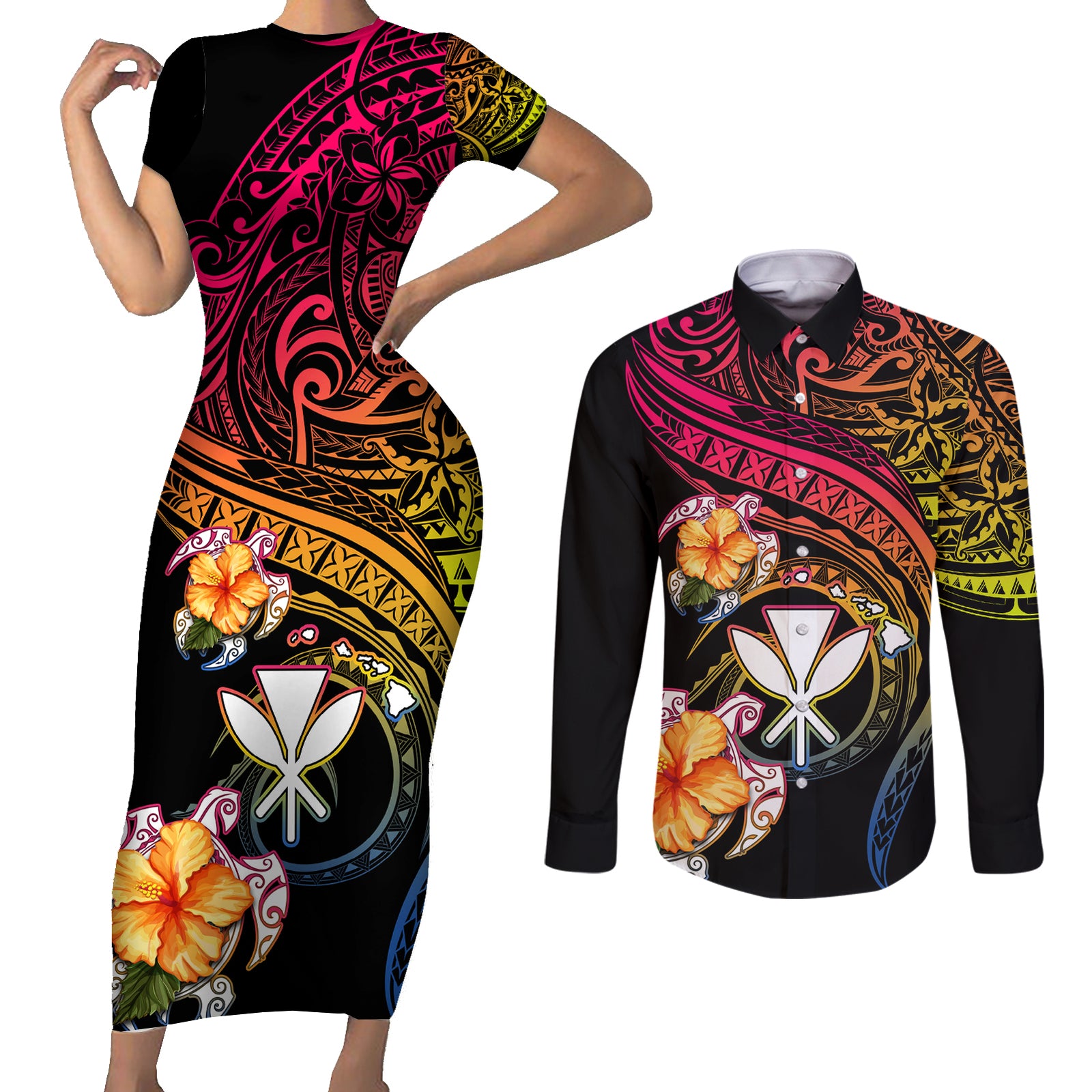 Polynesia Hawaii Turtle Day Couples Matching Short Sleeve Bodycon Dress and Long Sleeve Button Shirt Hibiscus and Kanaka Maoli LT03 Black - Polynesian Pride