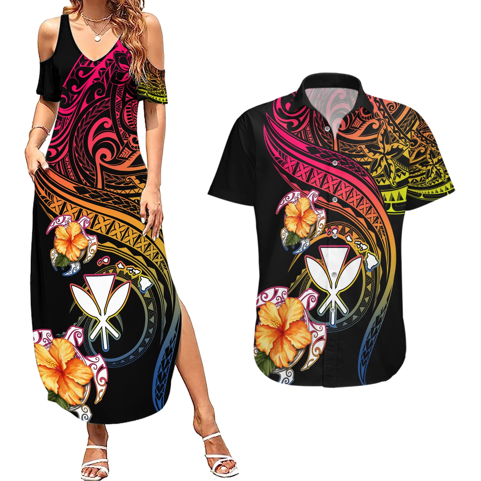 Polynesia Hawaii Turtle Day Couples Matching Summer Maxi Dress and Hawaiian Shirt Hibiscus and Kanaka Maoli