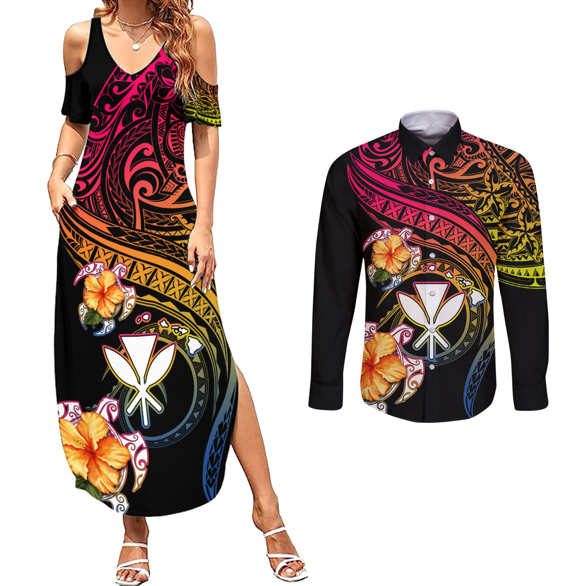 Polynesia Hawaii Turtle Day Couples Matching Summer Maxi Dress and Long Sleeve Button Shirt Hibiscus and Kanaka Maoli