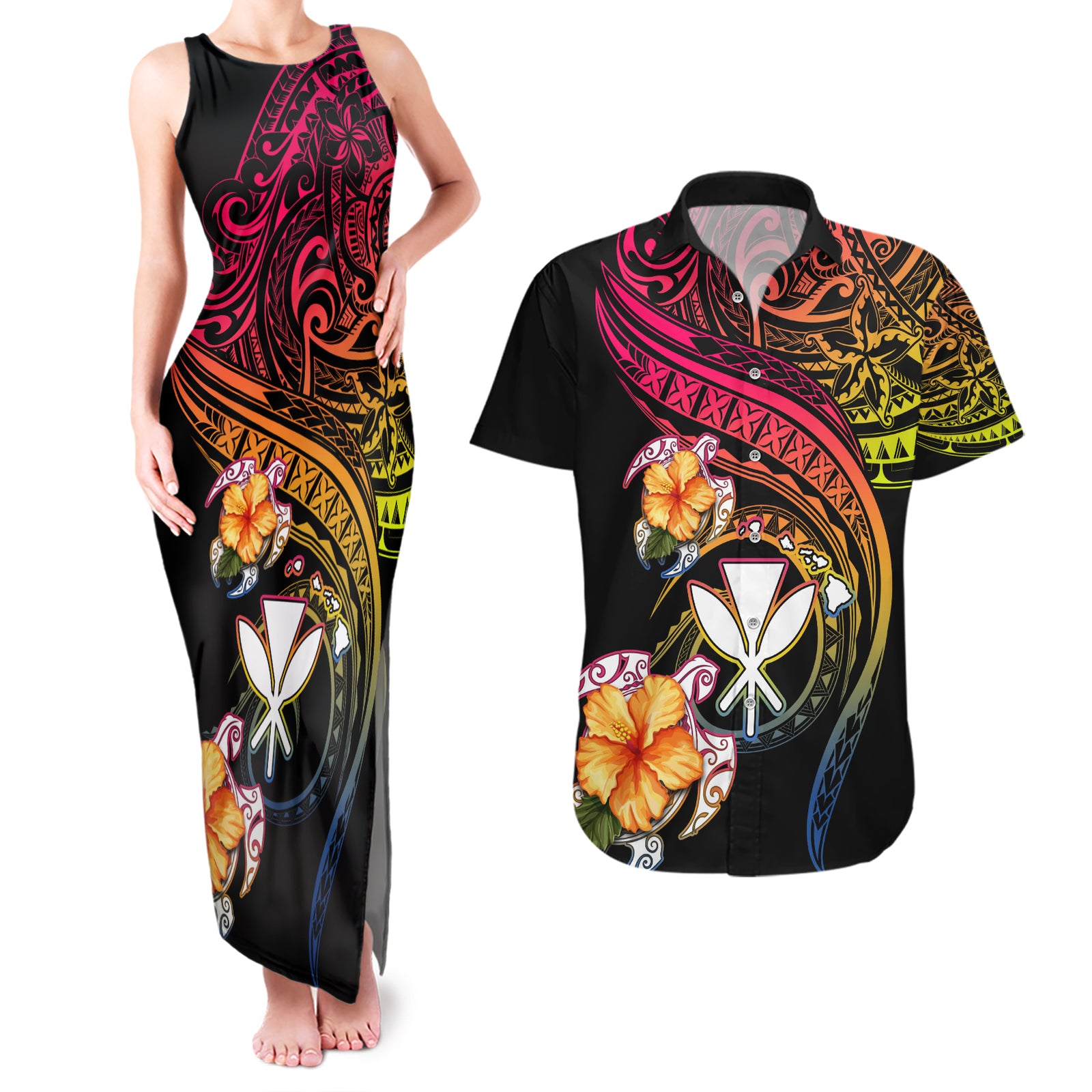 Polynesia Hawaii Turtle Day Couples Matching Tank Maxi Dress and Hawaiian Shirt Hibiscus and Kanaka Maoli LT03 Black - Polynesian Pride