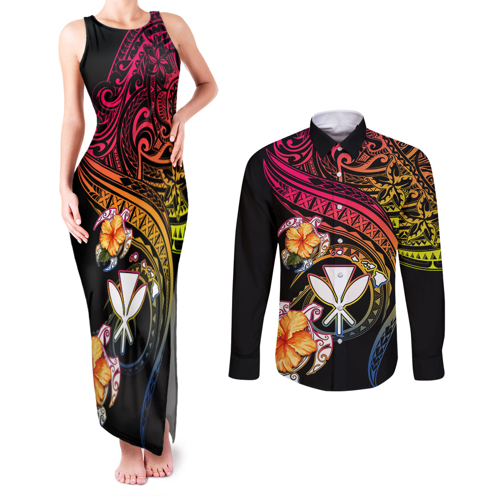 Polynesia Hawaii Turtle Day Couples Matching Tank Maxi Dress and Long Sleeve Button Shirt Hibiscus and Kanaka Maoli LT03 Black - Polynesian Pride