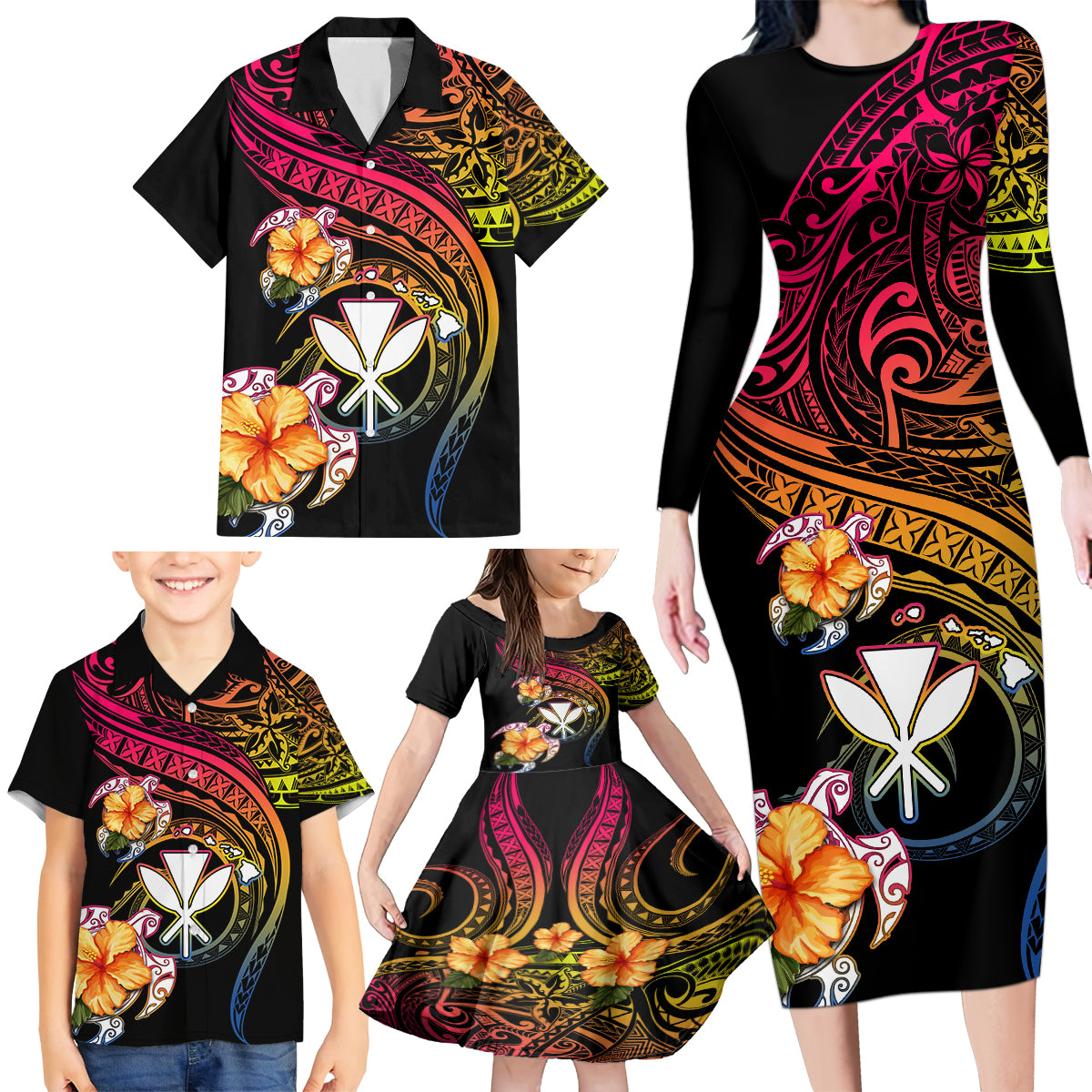 Polynesia Hawaii Turtle Day Family Matching Long Sleeve Bodycon Dress and Hawaiian Shirt Hibiscus and Kanaka Maoli LT03 - Polynesian Pride