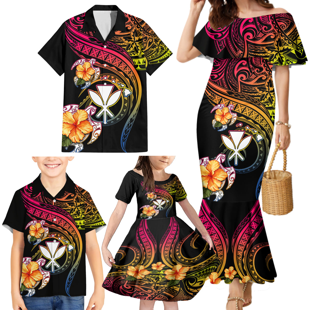 Polynesia Hawaii Turtle Day Family Matching Mermaid Dress and Hawaiian Shirt Hibiscus and Kanaka Maoli