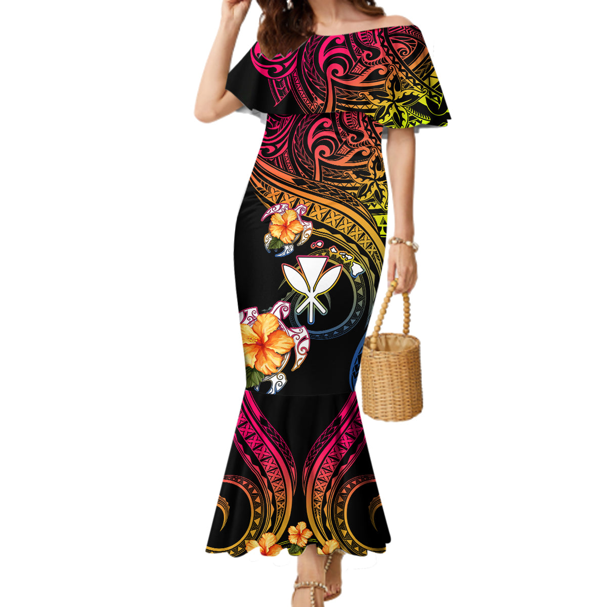 Polynesia Hawaii Turtle Day Family Matching Mermaid Dress and Hawaiian Shirt Hibiscus and Kanaka Maoli