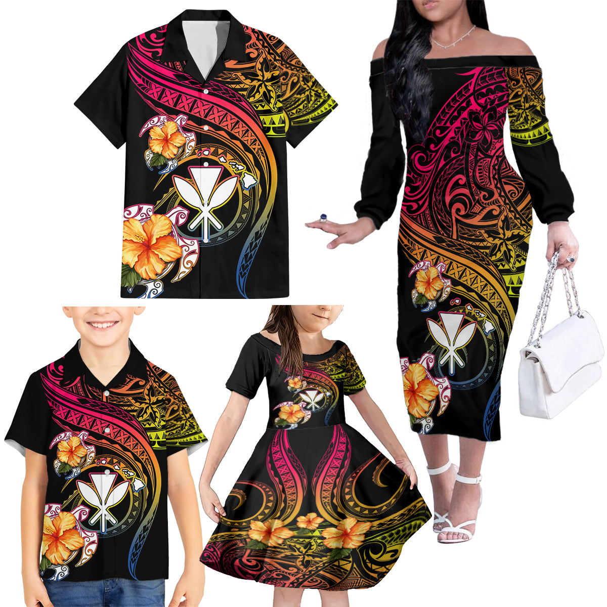 Polynesia Hawaii Turtle Day Family Matching Off The Shoulder Long Sleeve Dress and Hawaiian Shirt Hibiscus and Kanaka Maoli LT03 - Polynesian Pride