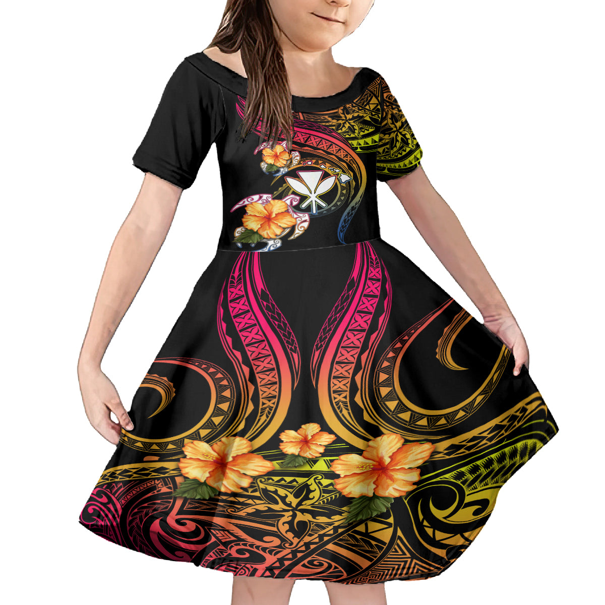 Polynesia Hawaii Turtle Day Family Matching Off Shoulder Short Dress and Hawaiian Shirt Hibiscus and Kanaka Maoli LT03 Daughter's Dress Black - Polynesian Pride