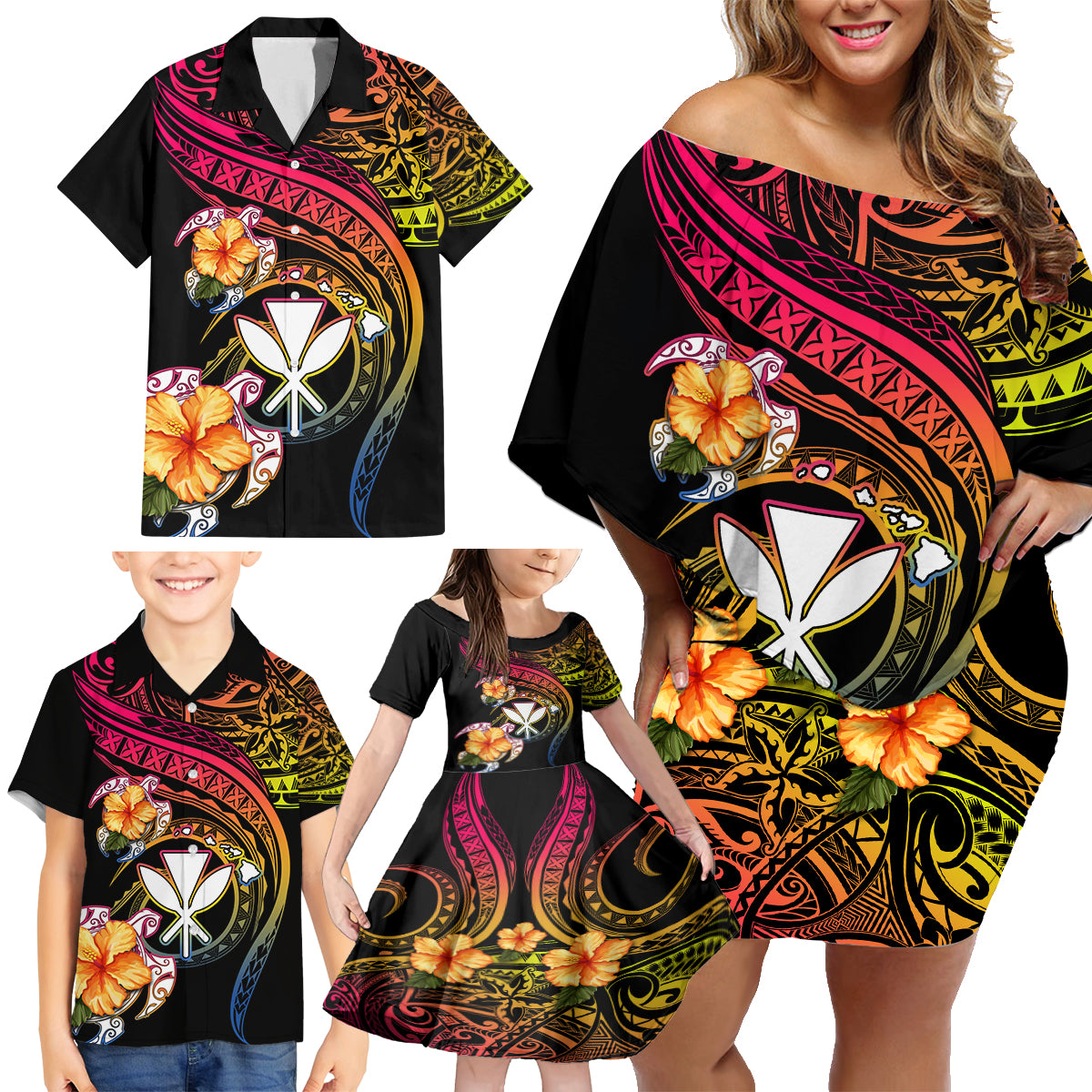 Polynesia Hawaii Turtle Day Family Matching Off Shoulder Short Dress and Hawaiian Shirt Hibiscus and Kanaka Maoli