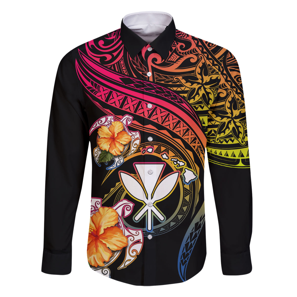 Polynesia Hawaii Turtle Day Family Matching Off Shoulder Short Dress and Hawaiian Shirt Hibiscus and Kanaka Maoli LT03 Dad's Shirt - Long Sleeve Black - Polynesian Pride