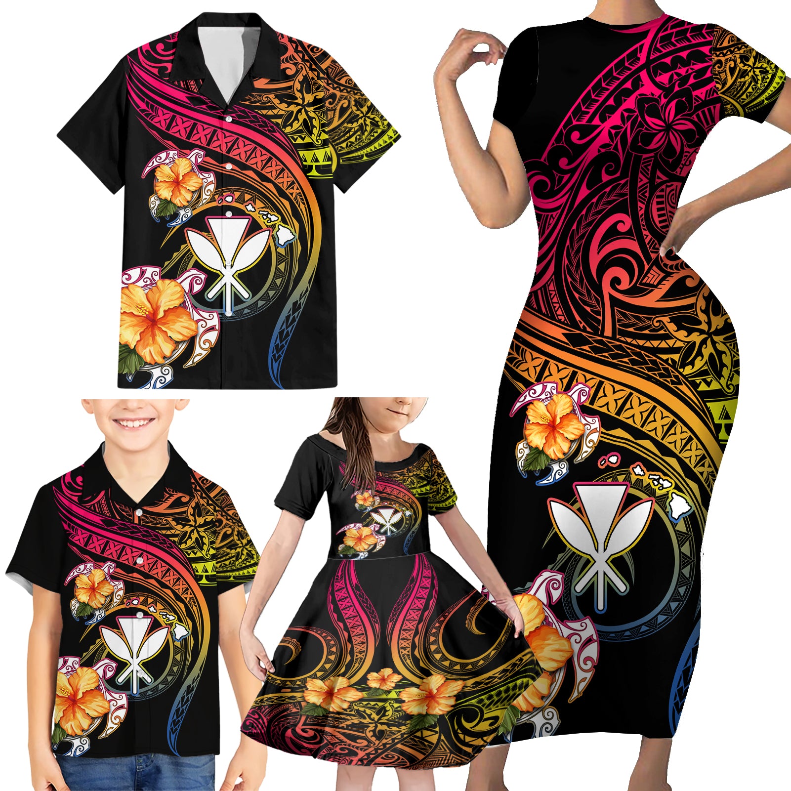 Polynesia Hawaii Turtle Day Family Matching Short Sleeve Bodycon Dress and Hawaiian Shirt Hibiscus and Kanaka Maoli
