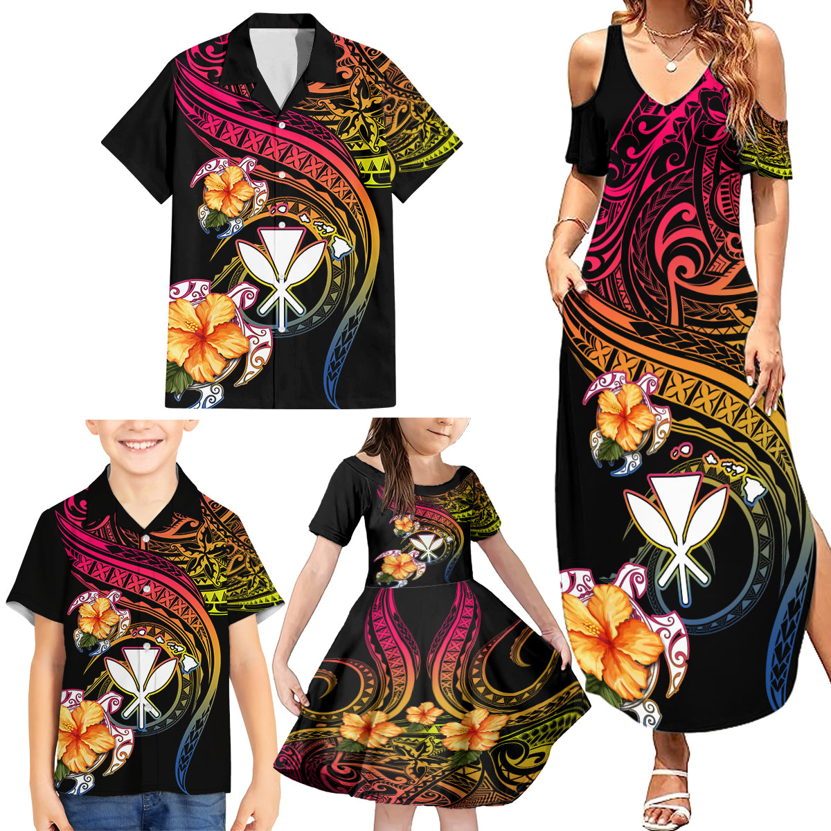 Polynesia Hawaii Turtle Day Family Matching Summer Maxi Dress and Hawaiian Shirt Hibiscus and Kanaka Maoli
