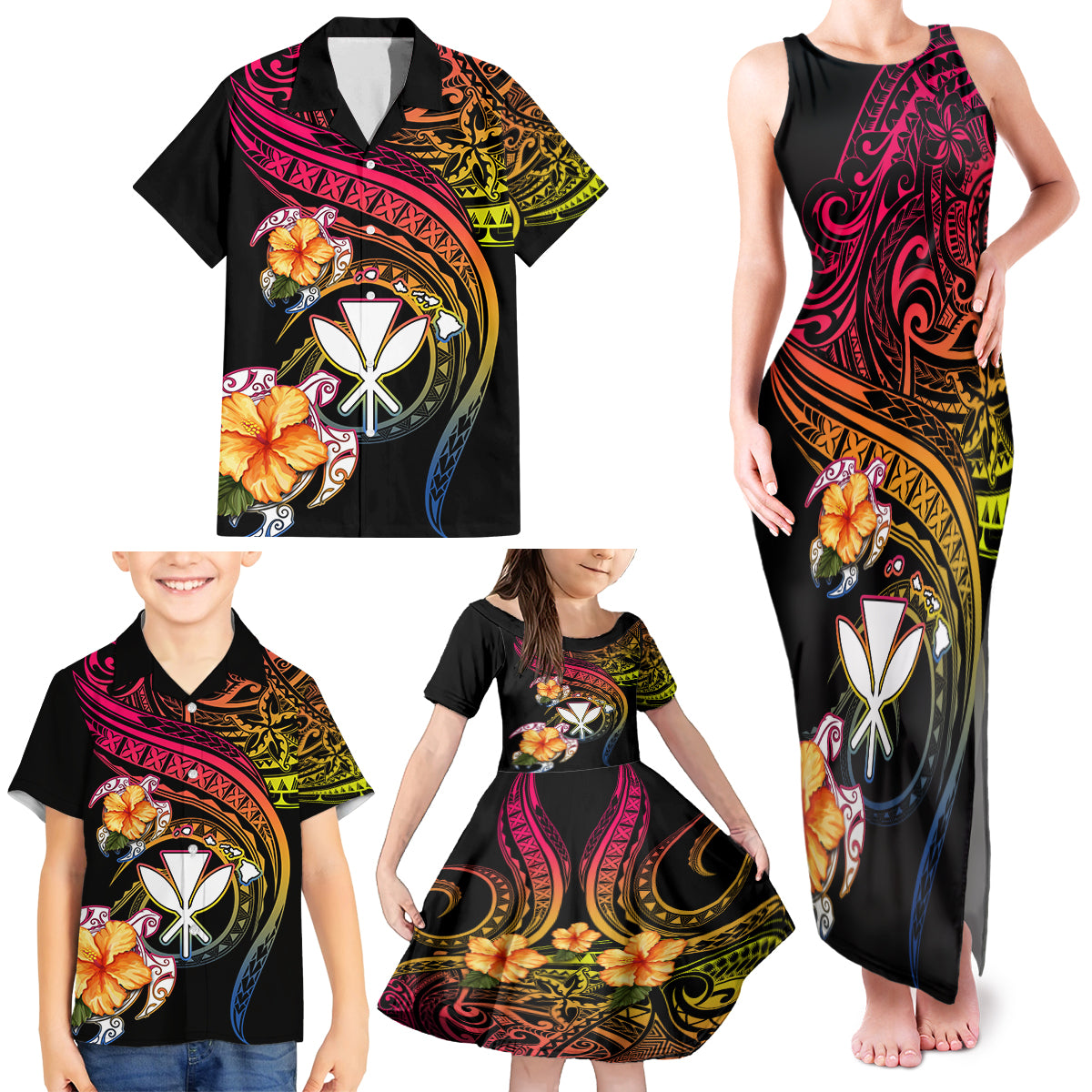 Polynesia Hawaii Turtle Day Family Matching Tank Maxi Dress and Hawaiian Shirt Hibiscus and Kanaka Maoli