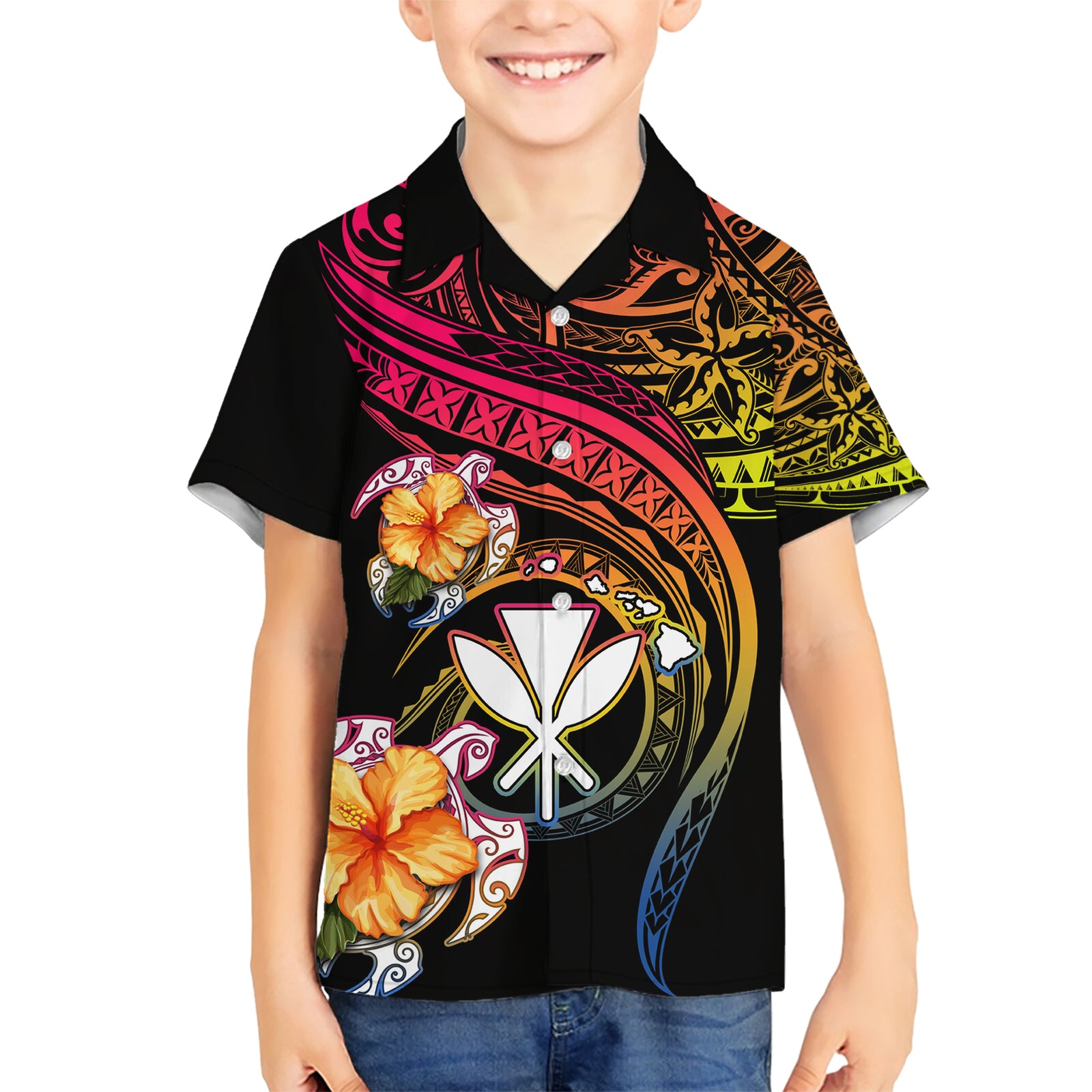 Polynesia Hawaii Turtle Day Kid Hawaiian Shirt Hibiscus and Kanaka Maoli LT03 Kid Black - Polynesian Pride