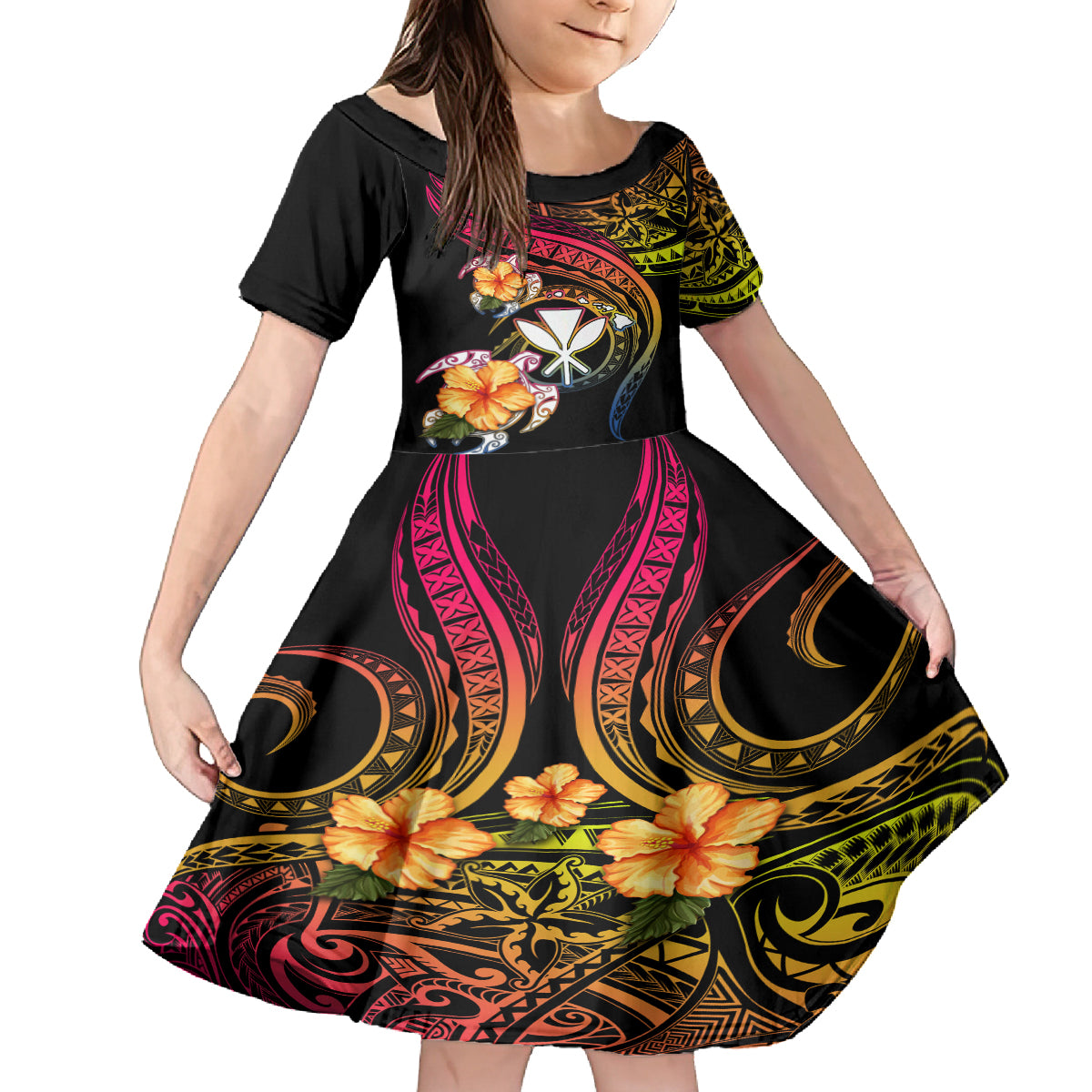 Polynesia Hawaii Turtle Day Kid Short Sleeve Dress Hibiscus and Kanaka Maoli LT03 KID Black - Polynesian Pride