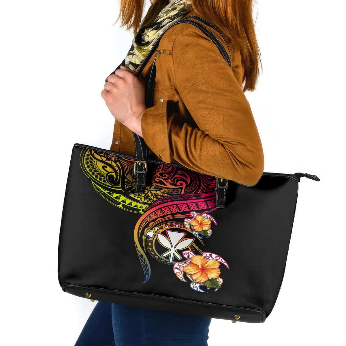 Polynesia Hawaii Turtle Day Leather Tote Bag Hibiscus and Kanaka Maoli LT03 Black - Polynesian Pride