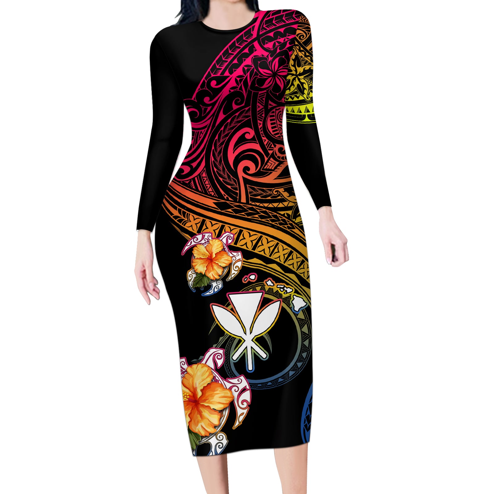 Polynesia Hawaii Turtle Day Long Sleeve Bodycon Dress Hibiscus and Kanaka Maoli LT03 Long Dress Black - Polynesian Pride