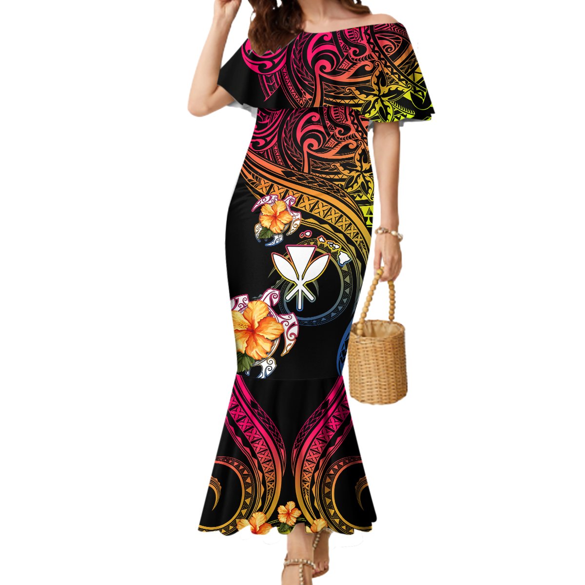 Polynesia Hawaii Turtle Day Mermaid Dress Hibiscus and Kanaka Maoli LT03 Women Black - Polynesian Pride