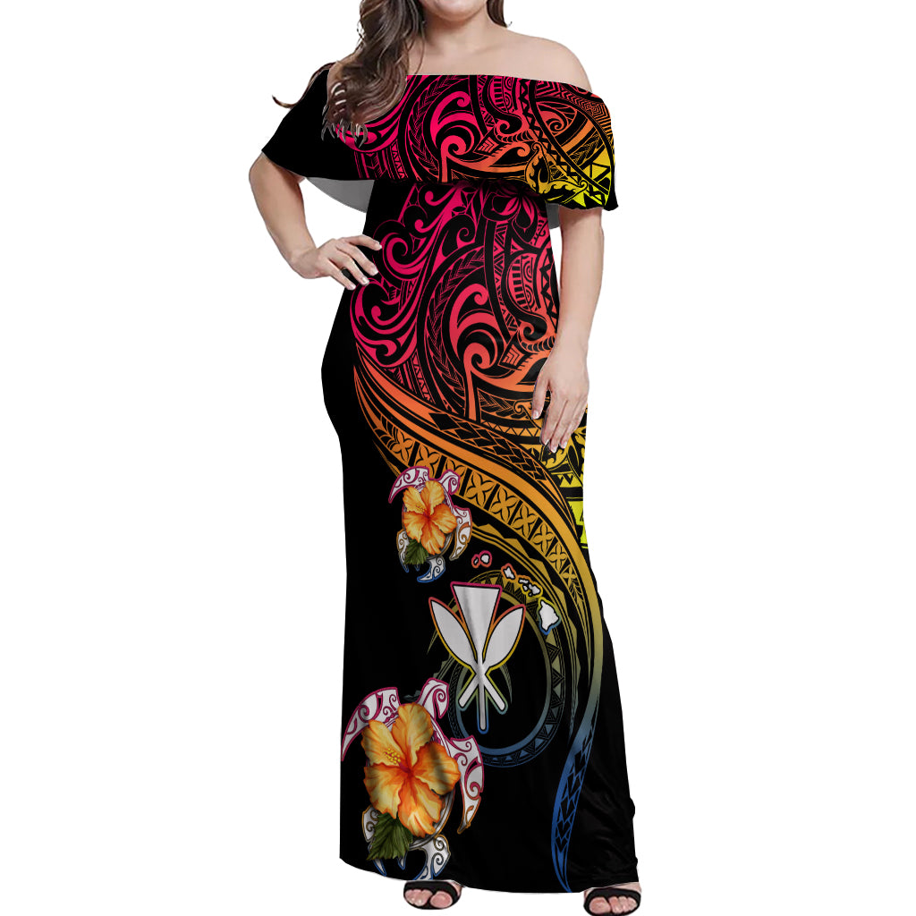 Polynesia Hawaii Turtle Day Off Shoulder Maxi Dress Hibiscus and Kanaka Maoli LT03 Women Black - Polynesian Pride