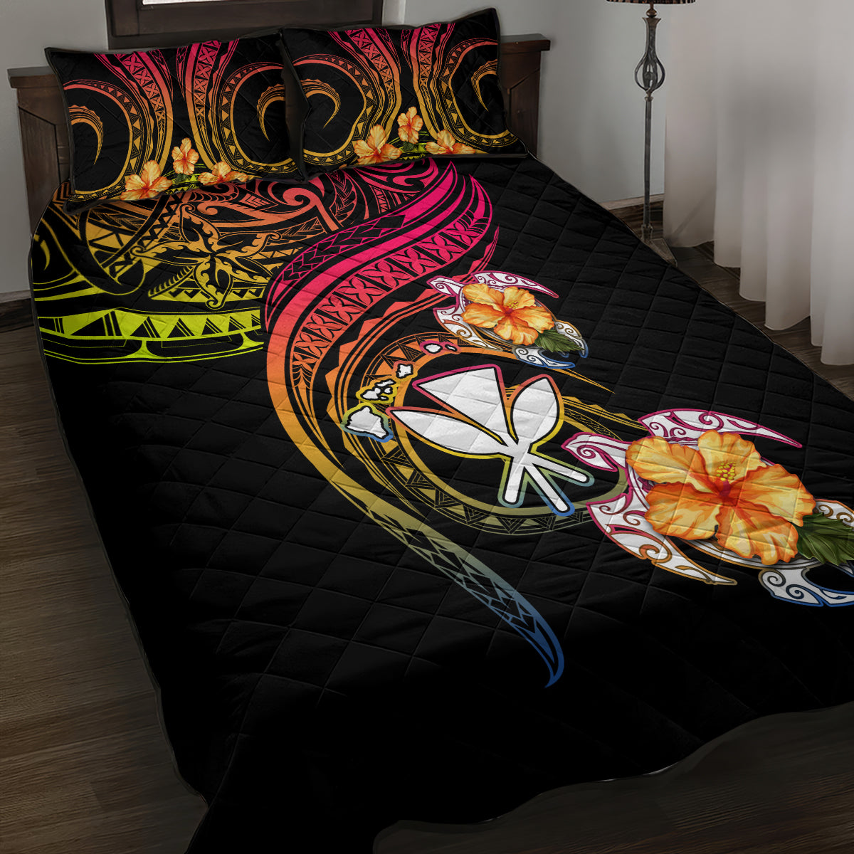 Polynesia Hawaii Turtle Day Quilt Bed Set Hibiscus and Kanaka Maoli