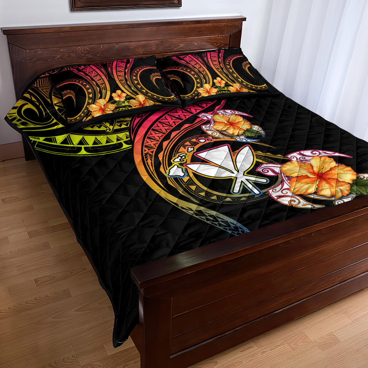 Polynesia Hawaii Turtle Day Quilt Bed Set Hibiscus and Kanaka Maoli