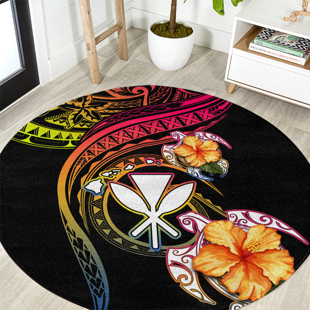 Polynesia Hawaii Turtle Day Round Carpet Hibiscus and Kanaka Maoli