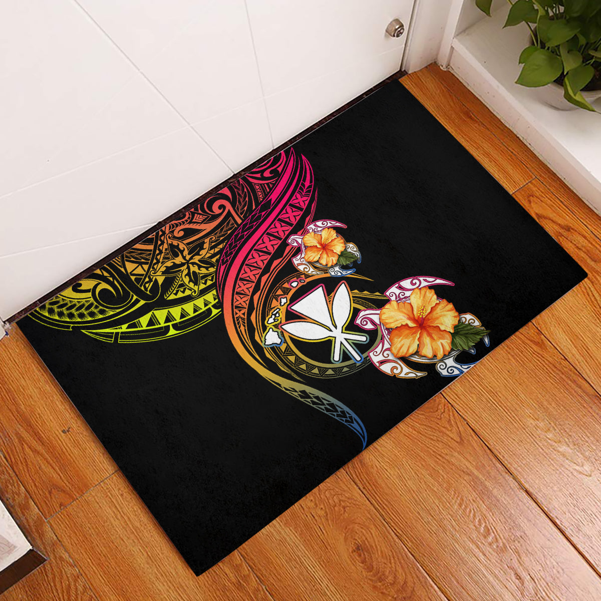 Polynesia Hawaii Turtle Day Rubber Doormat Hibiscus and Kanaka Maoli