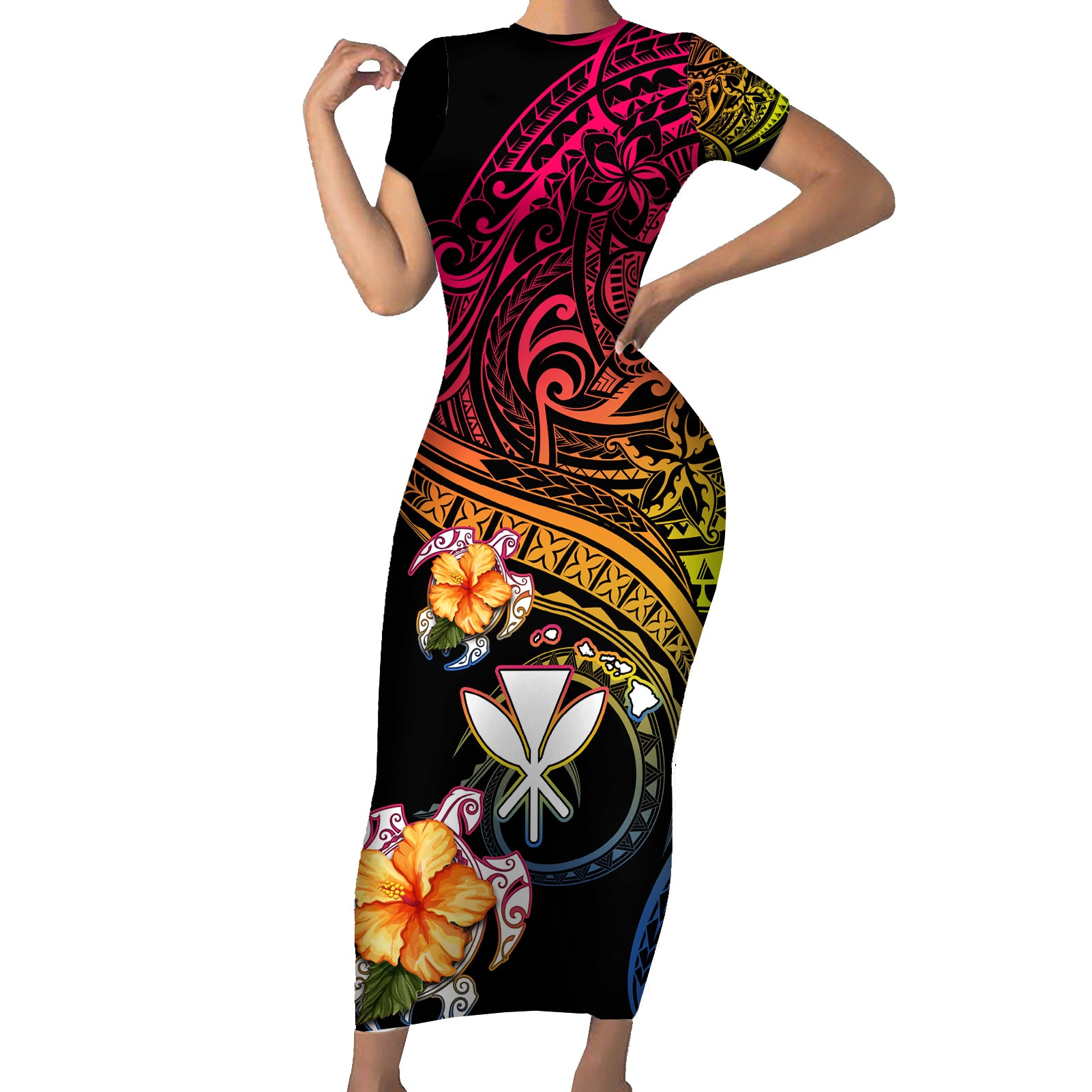 Polynesia Hawaii Turtle Day Short Sleeve Bodycon Dress Hibiscus and Kanaka Maoli