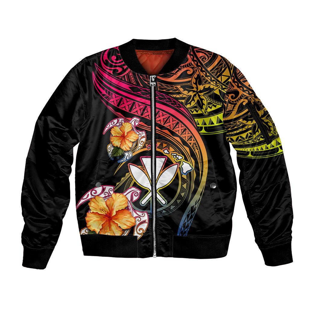 Polynesia Hawaii Turtle Day Sleeve Zip Bomber Jacket Hibiscus and Kanaka Maoli LT03 Unisex Black - Polynesian Pride