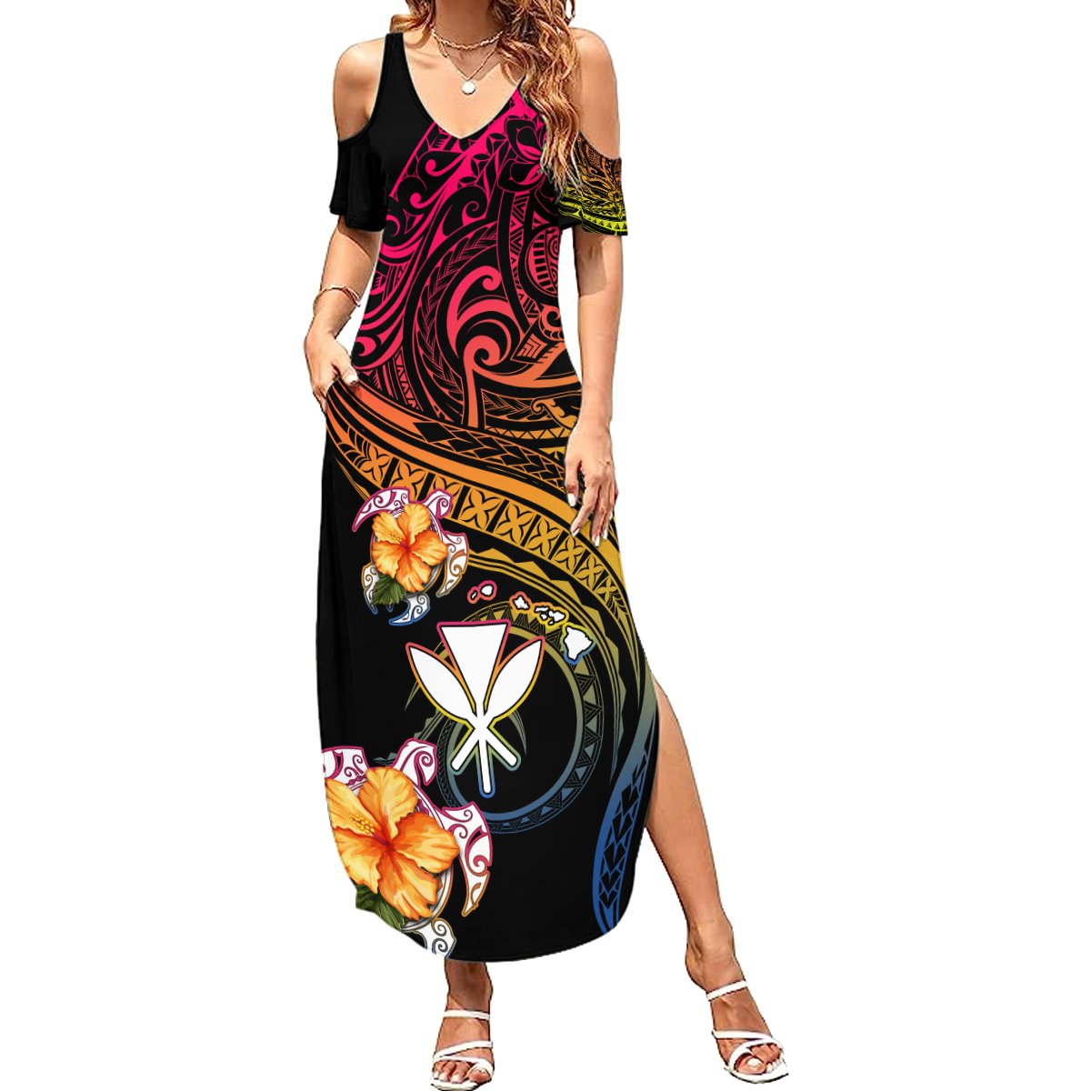 Polynesia Hawaii Turtle Day Summer Maxi Dress Hibiscus and Kanaka Maoli LT03 Women Black - Polynesian Pride