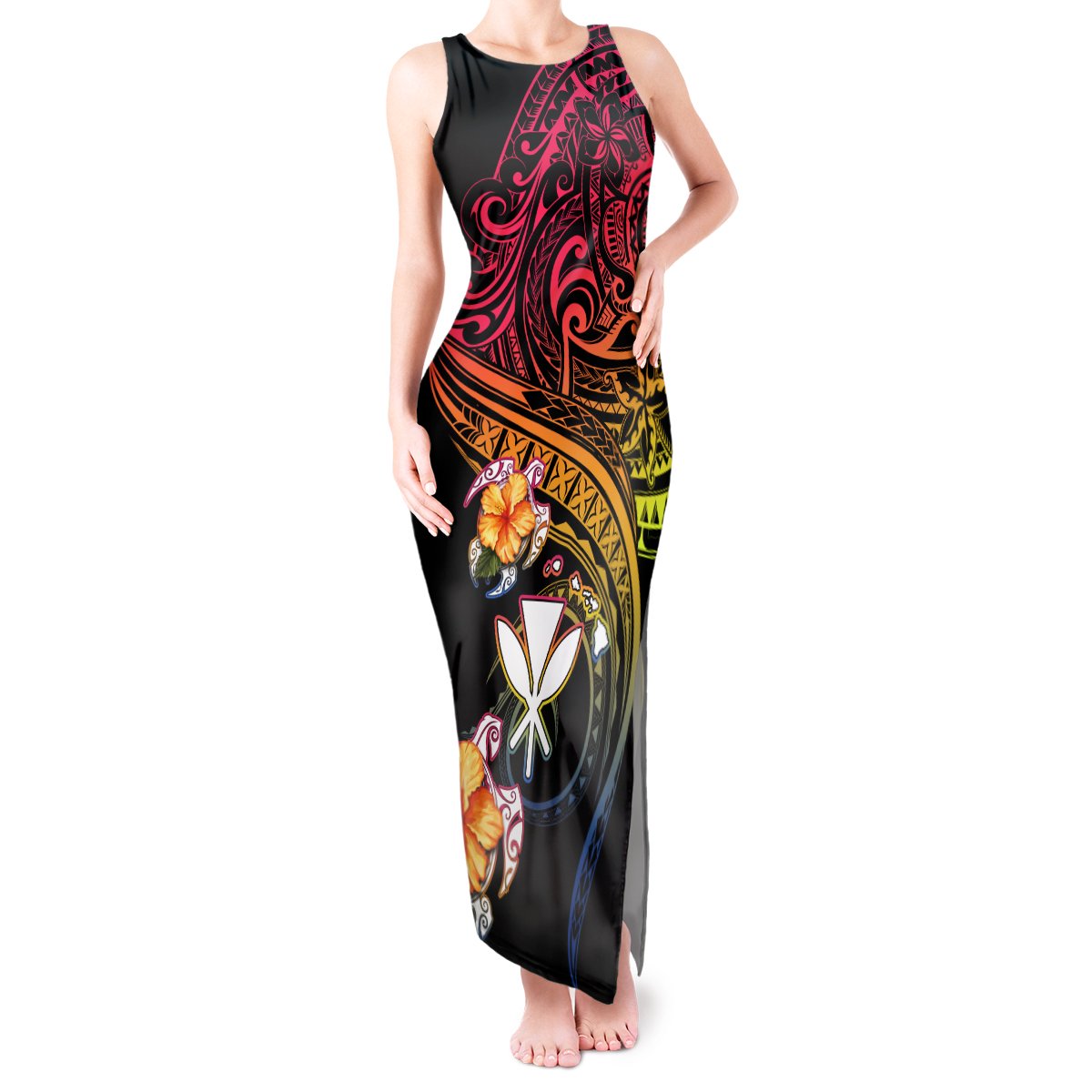 Polynesia Hawaii Turtle Day Tank Maxi Dress Hibiscus and Kanaka Maoli LT03 Women Black - Polynesian Pride