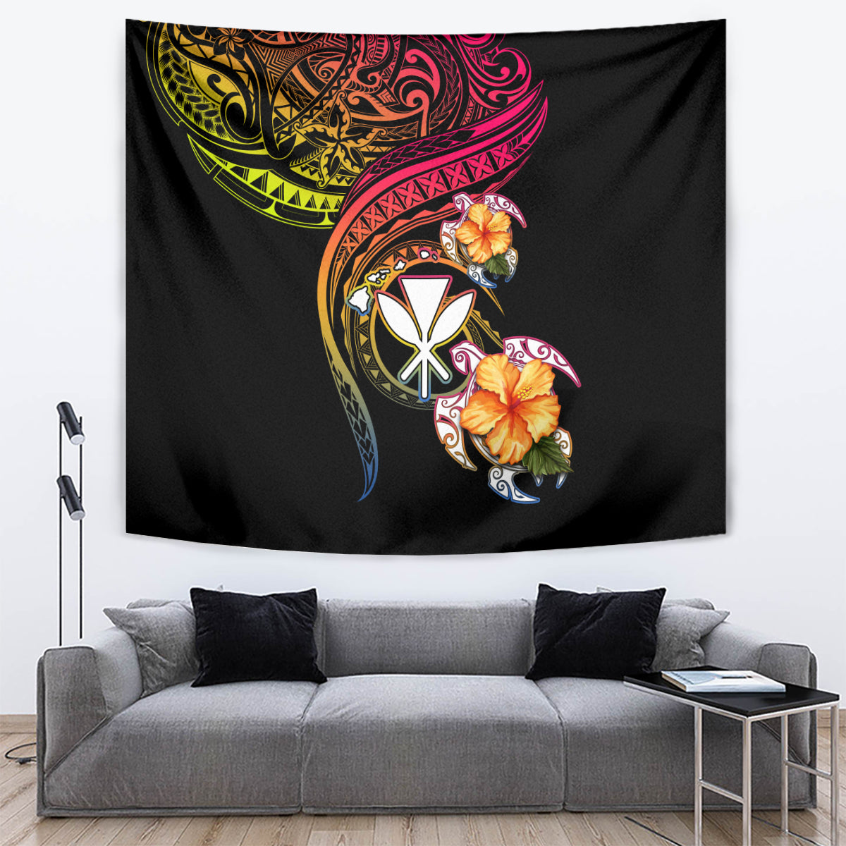 Polynesia Hawaii Turtle Day Tapestry Hibiscus and Kanaka Maoli