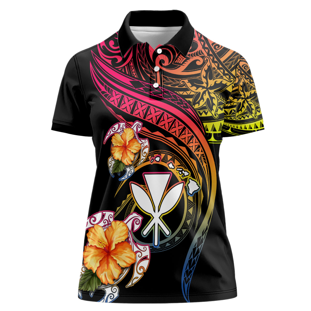 Polynesia Hawaii Turtle Day Women Polo Shirt Hibiscus and Kanaka Maoli